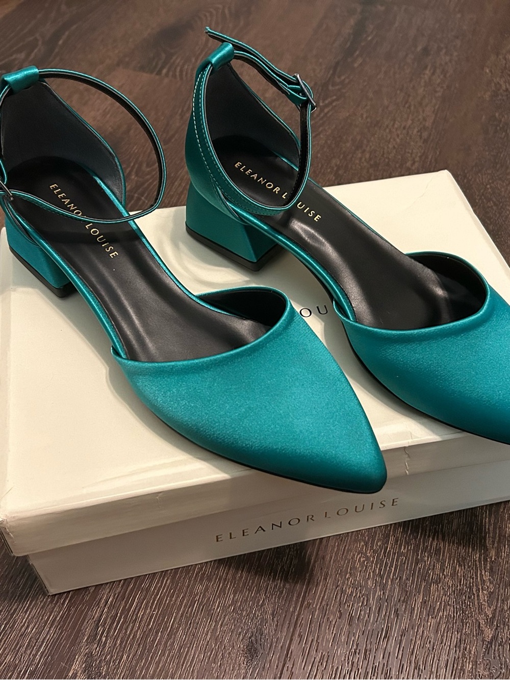 Light Emerald Satin Pointed-Toe Ankle Strap Heels - size 9 Naira, Eleanor Louise
